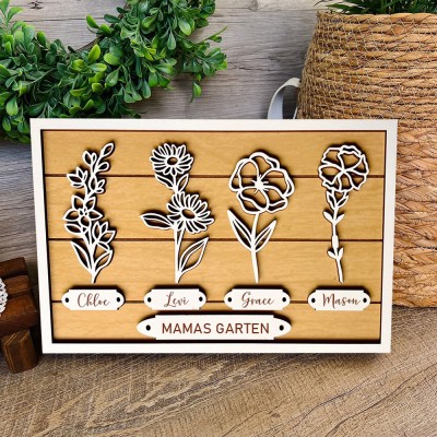 Personalisierter Geburtsblumenrahmen mit Namensschild aus Holz für Omas Garten – Einzigartige Geschenkidee für Oma, Mama und Muttertag