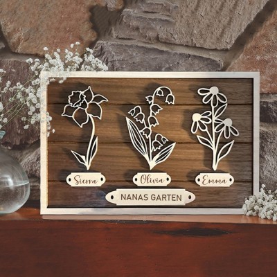 Personalisierter Geburtsblumenrahmen mit Namensschildern aus Holz – Geschenkidee für Omas Garten – Liebesgeschenk für Oma, Mama, Muttertagsgeschenk