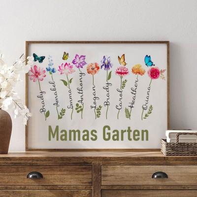 Personalisierter Blumenrahmen aus Holz mit Geburtsmonatsmotiv aus Omas Garten – Individuelle Geschenke für Oma, Mama und Muttertag