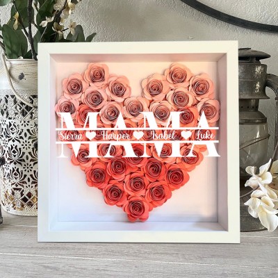 Personalisierte Papierblumen-Schatten-Holzkiste mit Kunstdruck, Mutter- und Kindernamen, einzigartiges Erinnerungsgeschenk für Mutter und Oma, einzigartige Geschenkideen zum Muttertag