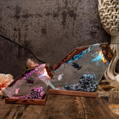 Handgefertigte Eisdrachen-Lampe aus Epoxidharz und Holz | Geschenk für Paare, Ihn, zu Weihnachten & Geburtstag