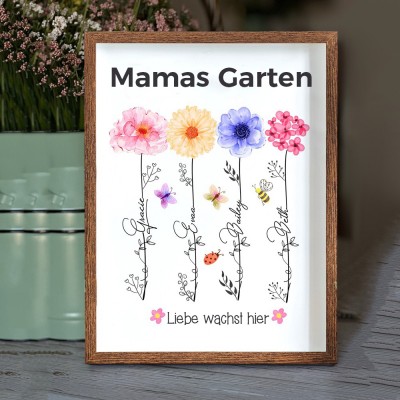 Personalisierter Kunstdruck „Omas Garten“ mit Geburtsblumenrahmen und Namensschild – Geschenkideen für Oma, Mama und Muttertag