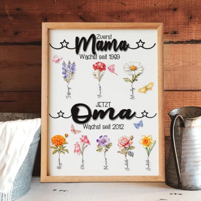 Personalisierter Bilderrahmen mit Geburtsmonat, Blumen und Namen – Familienerinnerungsstück, Geschenkidee für Mama, Oma, Muttertag
