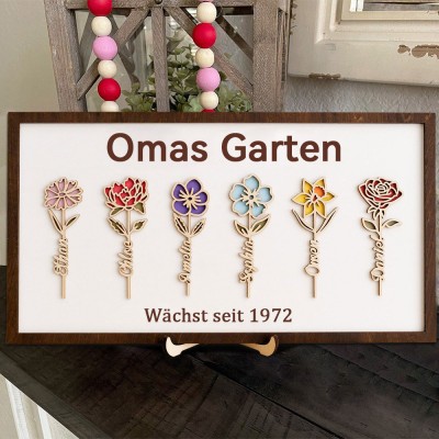 Personalisierter Blumenrahmen „Mamas Garten“ mit Geburtsmonatsmotiv, Holzschild, Familiengeschenk für Mama, Oma, Muttertagsgeschenkidee