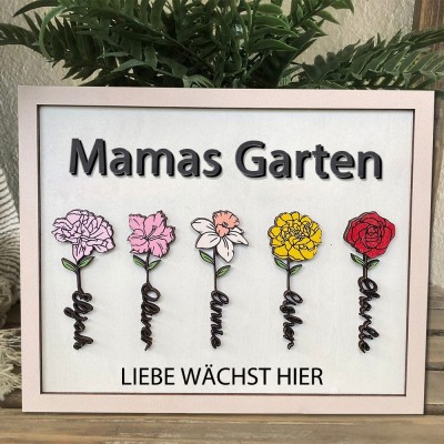 „Omas Garten – Hier wächst die Liebe“ – Personalisierter Holzrahmen mit Geburtsblumenmotiv – Geschenkidee für Mama, Oma und Muttertag