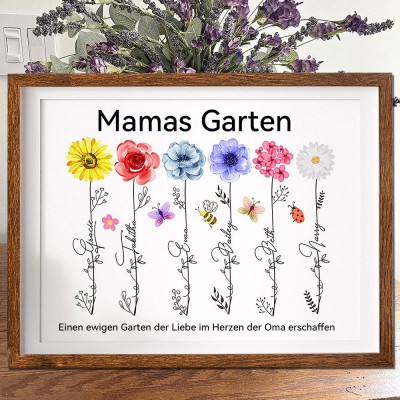 Personalisierter Kunstdruck mit Geburtsblumenrahmen – Geschenkidee für Omas Garten – Muttertagsgeschenkidee