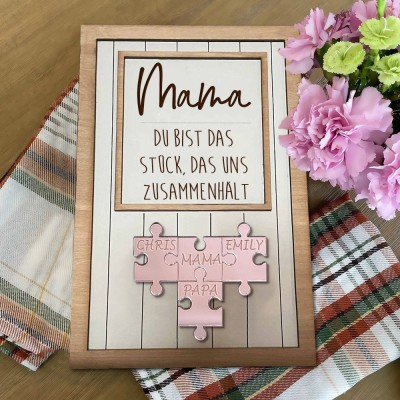 Personalisiertes Familien-Puzzleteilschild aus Holz für Mama mit 1–20 Kindernamen aus Acryl. Geburtstagsgeschenk für Mama und Oma. Einzigartige Muttertagsgeschenke. Schwangerschaftsgeschenk für Mama.