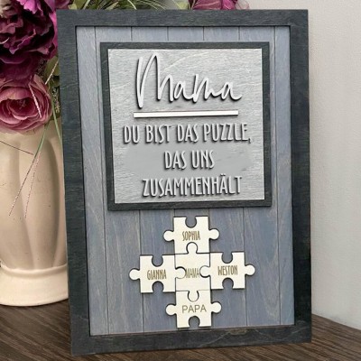 Personalisiertes Mutter-Holz-Puzzleteil-Rahmenschild mit Kindernamen, einzigartige Geschenkideen zum Muttertag, besonderes Familiengeschenk