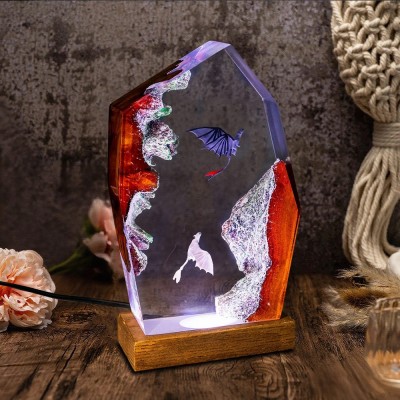 Handgefertigte Eisdrachen-Lampe aus Epoxidharz und Holz | Geschenk für Paare, Ihn, zu Weihnachten & Geburtstag