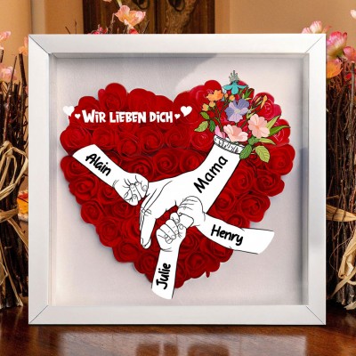 Schattenbox mit Herz und Blumenmotiv „Mama, wir lieben dich“ mit den Namen der Kinder, personalisierte Geschenke für Mama, Geschenkideen zum Muttertag