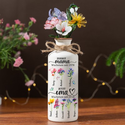 Personalisierte Blumenvase mit dem Geburtsmonat „Erste Mama, jetzt Oma“ und den Namen der Kinder, Geschenke für Mama und Oma, Geschenkideen zum Muttertag