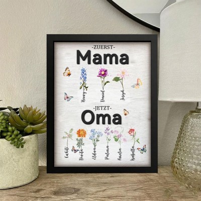 Personalisierter Bilderrahmen mit Geburtsmonatsblumen und Kindernamen – Einzigartiger Kunstdruck als Geschenkidee für Mama und Oma zum Muttertag