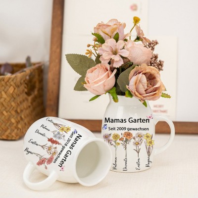 Personalisierter Kunstdruck Aquarell Mamas Garten Geburtsblumenvase mit Kindernamen Familiengeschenk für Mama Oma Einzigartige Muttertagsgeschenkidee