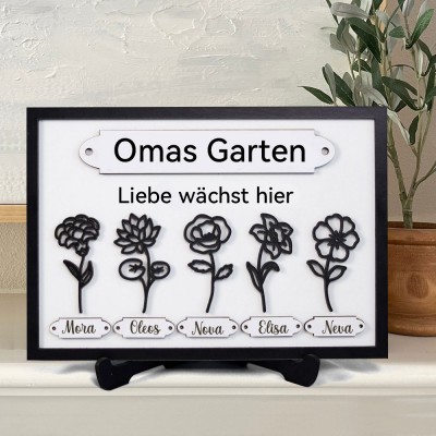 Personalisierter Bilderrahmen „Omas Garten“ mit Geburtsblumenmotiv und den Namen der Enkelkinder – Geschenkidee für Mama, Oma und Muttertag