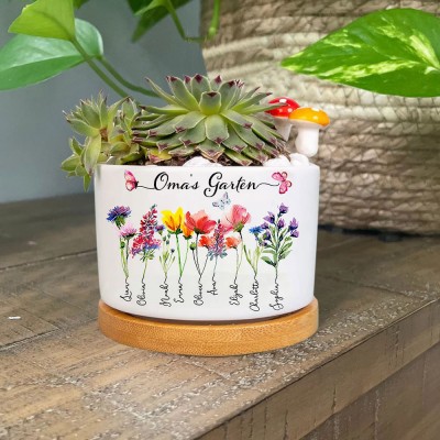 Personalisierter Kunstdruck, Omas Garten-Geburtsblumen-Mini-Sukkulenten-Pflanzentopf mit Namen der Enkelkinder, einzigartiges Gartengeschenk für Mama, Oma-Muttertagsgeschenkideen