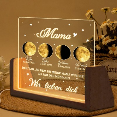 Der Tag, an dem du meine Mama wurdest. Personalisiertes Nachtlicht mit Mondphase für Mama nach Datum mit den Namen der Kinder. Geschenke für Mama zum Muttertag.