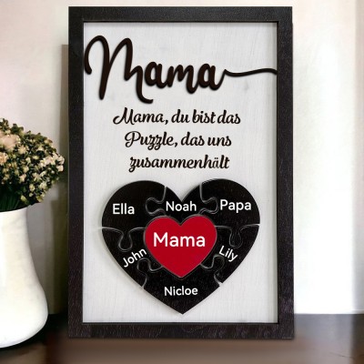 Personalisiertes Holzschild „Mama, du bist das Puzzleteil, das uns verbindet“, Schild mit dem Namen Ihres Kindes, einzigartiges Muttertagsgeschenk für Mama