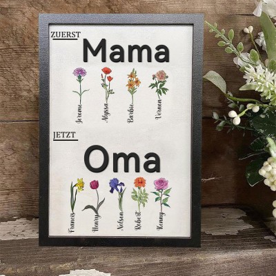 Personalisierter Bilderrahmen mit Geburtsblumen und Namen – „Erst Mama, jetzt Oma“ – Perfektes Geschenk für Mama und Oma – Muttertagsgeschenkideen