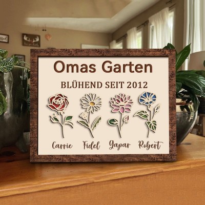 Personalisierter Holzrahmen mit Geburtsblumenmotiv „Mamas Garten“ und Namen – perfekte Geschenkidee für Mama, Oma und zum Muttertag