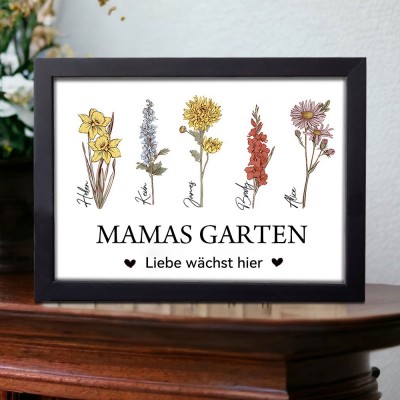 Personalisiertes Kunstdruckbild „Mamas Garten“ mit Geburtsmonatsblumen, Holzrahmen, Familiengeschenk für Mama und Oma, Muttertagsgeschenk