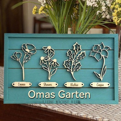 Personalisierter Bilderrahmen „Omas Garten“ mit Geburtsblumen und Namen – Einzigartiges Aquarell-Schild als Geschenk für Mama und Oma zum Muttertag