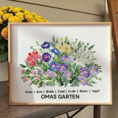 Personalisierter Bilderrahmen mit Blumenstrauß und Geburtsblumen aus Omas Garten, mit den Namen der Kinder – Geschenk für Mama und Oma zu Weihnachten