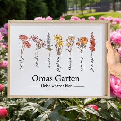 Blumenrahmen mit Geburtsmonatsblumen aus Omas Garten, personalisiert mit den Namen der Kinder – personalisierte Geschenke für Mama und Oma, Weihnachtsgeschenkideen