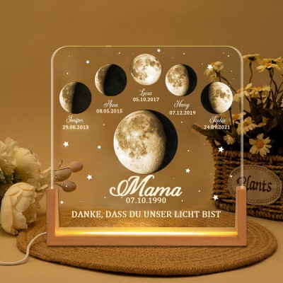 Mama, danke, dass du unser Leitlicht bist. Individuelles Mondphasen-Nachtlicht mit Kindernamen. Geschenke für Mama zum Muttertag.