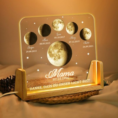Personalisiertes Mondphasen-Nachtlicht nach Datum mit Kindernamen. Andenkengeschenke für Mama. Geschenkideen für neue Mamas zum Muttertag.