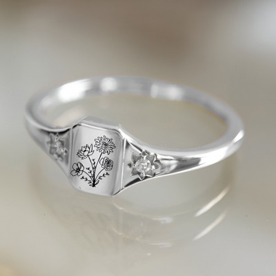 Personalisierter Verlobungsring mit Geburtsblumenstrauß für Frauen, Gravur, 925 Sterling Silber, Statement-Blumenring, einzigartiges Geschenk für Mama, Oma, Muttertagsgeschenk, Geburtstagsgeschenk