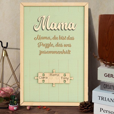 Personalisiertes Holzpuzzle „Mama, du bist das Stück, das uns zusammenbringt“ mit dem Namenslogo des Kindes, einzigartiges Andenkengeschenk für Mama, Oma und Muttertagsgeschenk