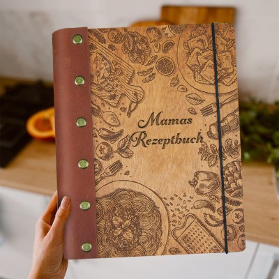 Personalisiertes Notizbuch mit Ledereinband und Holzdeckel – Rezeptbuch für Mama – Weihnachtsgeschenkideen
