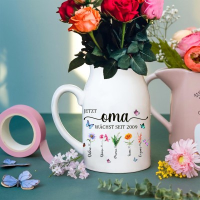 Personalisierte Erste Mama Jetzt Oma Vase mit Geburtsblumen und Namen der Enkelkinder – einzigartiges Familiengeschenk für Mama, Oma, Muttertag-Ideen