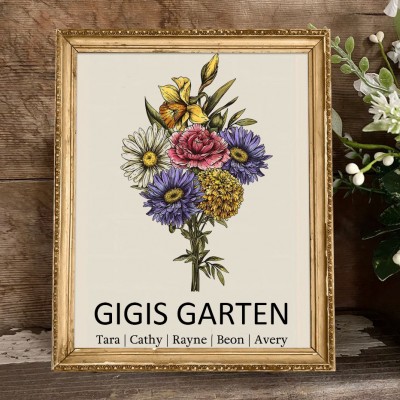 Personalisierter Bilderrahmen „Omas Garten“ mit Geburtsblumenstrauß und den Namen der Enkelkinder – Geschenk für Oma und Mama zu Weihnachten