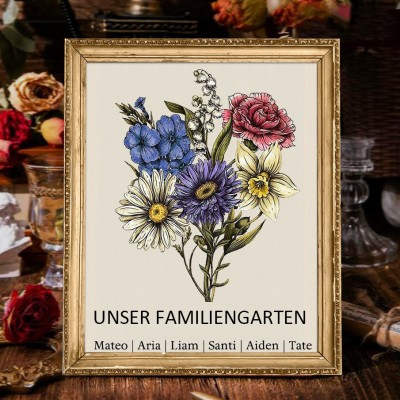 Blumenstrauß-Bilderrahmen mit Geburtsblumen aus Mamas Garten, personalisiert mit den Namen der Kinder – personalisierte Familiengeschenke für Mama und Oma, Geschenkideen zu Weihnachten