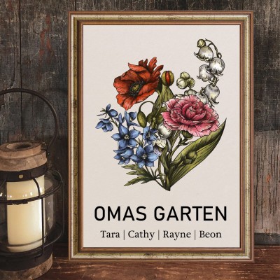 Personalisierter Bilderrahmen mit Geburtsblumenstrauß für Mama oder Oma, mit den Namen der Kinder – ein Erinnerungsgeschenk für Muttertag oder Weihnachten.
