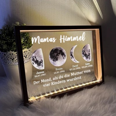 Personalisierter Nachtlichtrahmen mit Mondphasen für Mamas Himmel und den Namen der Kinder. Einzigartige Geschenke für Mama. Geschenkideen zum Muttertag.