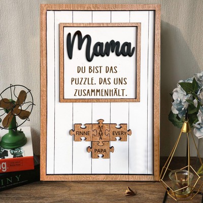 Personalisiertes Holzpuzzle „Mama, Du bist das Stück, das uns zusammenbringt“, Namensschild, Familienandenken, einzigartiges Muttertagsgeschenk für Mama, Oma