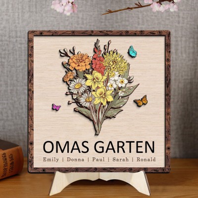 Personalisierter Holzrahmen „Mamas Garten“ mit Geburtsmonatsblumen – Einzigartige Geschenke für Mama und Oma, Weihnachtsgeschenkideen