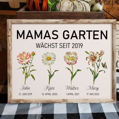 Personalisiertes Fotorahmen „Omas Garten – Blüht seit 2019“ mit Geburtsblumen und Datum – Geschenk für Mama und Oma – Weihnachtsgeschenk