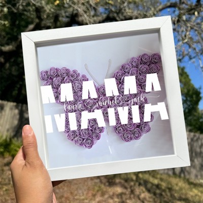 Personalisierter Kunstdruck für Mama, Schmetterlingsförmige Blumen-Schatten-Holzbox mit Kindernamen, einzigartiges Familiengeschenk für Mama, Oma, Muttertag