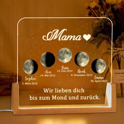 Wir lieben dich bis zum Mond und zurück, personalisiertes Mondphasen-Nachtlicht mit Kindernamen, einzigartige Geschenke für Mama, Muttertagsgeschenk
