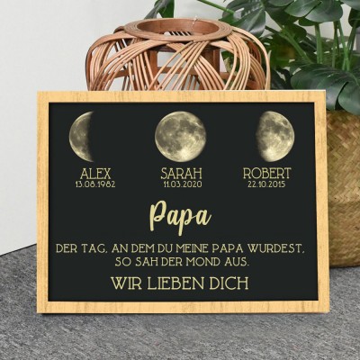 Personalisierter Kunstdruck, Familienschild aus Holz mit Mondphasenrahmen und Kindernamen, einzigartige Familiengeschenke, Vatertagsgeschenkideen