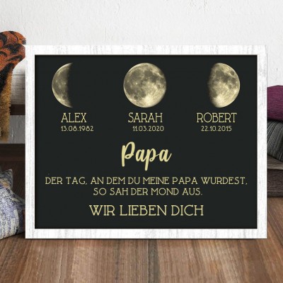 Personalisierter Kunstdruck Papa Holz Familienschild mit Mondphasenrahmen und Kindernamen Einzigartige Familiengeschenke für Papa Opa Vatertag Geschenkideen