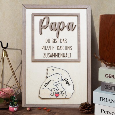 Personalisiertes Papa-Schild, Holzschild mit Umarmungsbär, Puzzleteile, Rahmenschild mit Kindernamen, personalisiertes Familiengeschenk für Papa, Opa, einzigartige Geschenkideen zum Vatertag