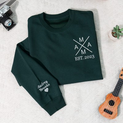 Benutzerdefiniertes MAMA-besticktes Kapuzenpullover-Sweatshirt mit Kindernamen. Einzigartiges Andenken-Geschenk für Mama und Oma. Erstes Muttertagsgeschenk für neue Mama.