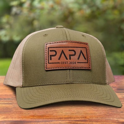 Personalisierte Echtleder-Patchmütze für Papa, Snapback-Kappe mit Datumsandenken, Geschenkideen für Papa, Vatertagsgeschenkideen