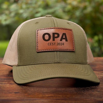 Personalisierte Opa-Snapback-Kappe aus echtem Leder mit Aufnäher, nützlich, perfektes Geschenk für Papa, Opa, Vatertagsgeschenkideen
