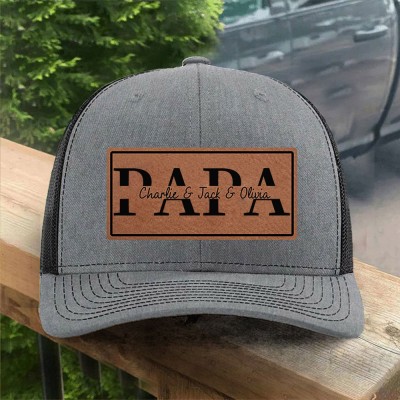 Personalisierte Papa-Mütze aus echtem Leder mit Kindernamen, einzigartiges Andenken-Geschenk für Papa, Opa, Vatertagsgeschenkideen
