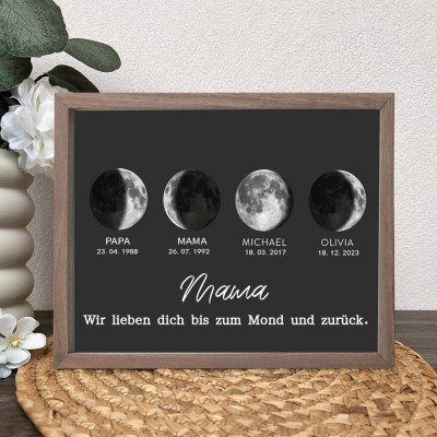 Personalisiertes Holzschild mit Mondphasen-Rahmen für die Familie der Mutter mit Namen und Geburtstagsdaten der Kinder, einzigartiges Schild, Geschenk für Mama, Oma, Muttertag, Geschenkideen